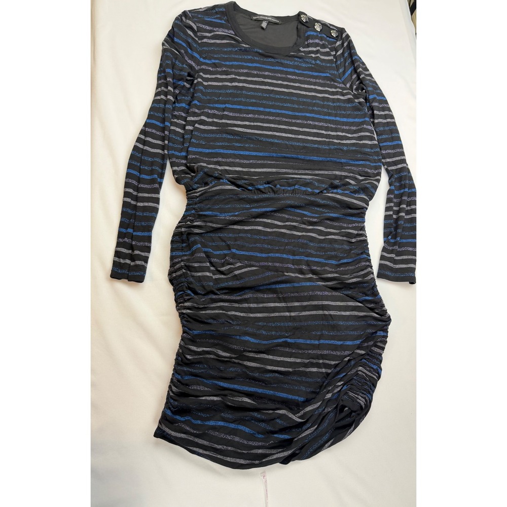 White House Black Market Ruched Metallic Stripe Long Sleeve Dress Black Blue S